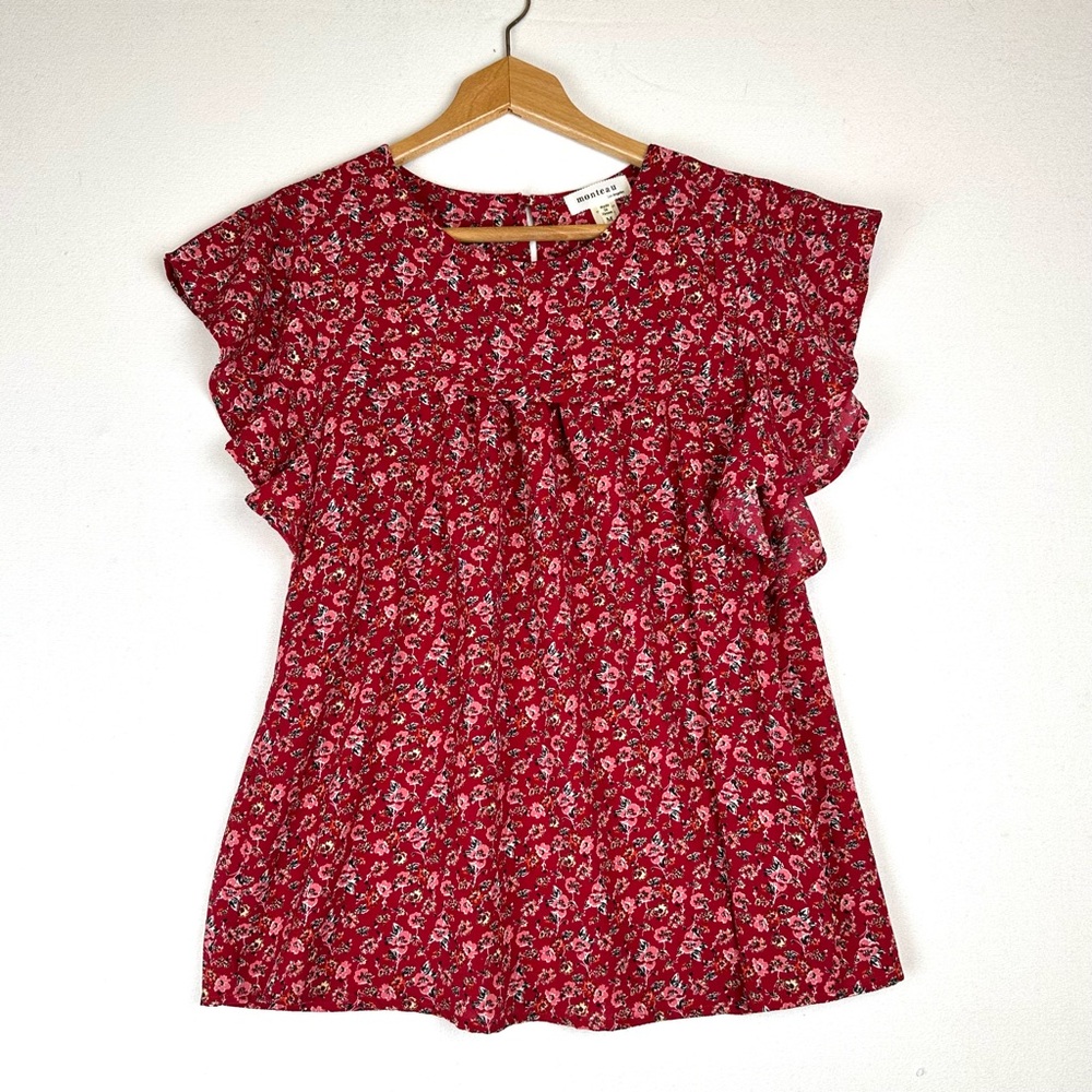 Monteau Floral Flutter Cap Sleeve Blouse Office